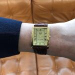 Rectangular Watch With Brown Leather Strap And Blue Sapphire Winder Finished In 925 English Hallmarked Sterling Silver 9 Rectangular Watch With Brown Leather Strap And Blue Sapphire Winder Finished In 925 English Hallmarked Sterling Silver