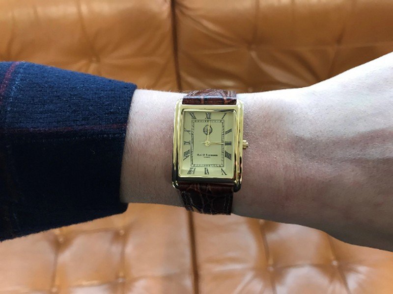 WTCH16-1.jpg Rectangular Watch With Brown Leather Strap And Blue Sapphire Winder Finished In 925 English Hallmarked Sterling Silver