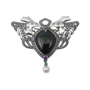 Cockerel Pin Brooch Art Nouveau Style 925 Silver English Hallmarks Set With Onyx Amethyst Marcasite and Pearl Ari D Norman