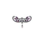 Floral Pin Brooch Victorian Style With Amethyst Enamel Marcasite And Pearl Drop Finished In 925 English Hallmarked Sterling Silver