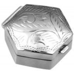 Small Engraved Hexagonal Pill Box, finished in 925 English Hallmarked Sterling Silver 1 Small Engraved Hexagonal Pill Box, finished in 925 English Hallmarked Sterling Silver