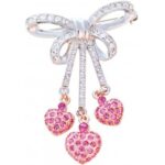 Bow Pin Brooch Rhodium Plated Metal Alloy Set With Clear And Pink Czech Crystals