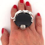 Panther Ring Art Deco Style 925 Sterling Silver English Hallmarks Set With Black Onyx Marcasite And Emerald Eyes