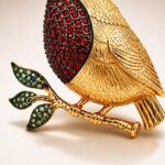 Gold-Plated Robin Brooch Pendant with Swarovski Crystals