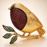 Gold-Plated Robin Brooch Pendant with Swarovski Crystals