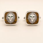 Sterling Silver Lion Head Tiger's Eye Emerald Cufflinks