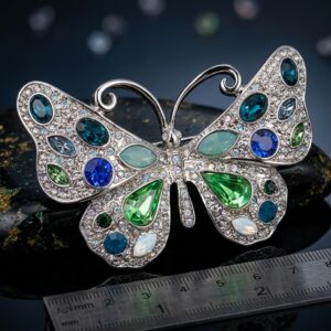 Rhodium plated butterfly choker necklace with clear, blue and green Czech crystals