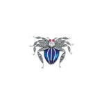 Sterling silver spider brooch with blue enamel, marcasite and crystals.