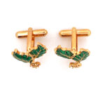 Christmas Holly Cufflinks Gold Plated Metal Alloy Set With Enamel And Sparkling Czech Crystals 44 JCU3 gallery image