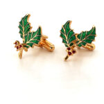 Christmas Holly Cufflinks Gold Plated Metal Alloy Set With Enamel And Sparkling Czech Crystals 42 JCU3 gallery image