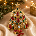 Christmas Tree Brooch With Enamel And Multicoloured Sparkling Czech Crystals | Gold Plated 19 JB14 hover image
