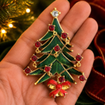 Christmas Tree Pin Brooch With Enamel And Sparkling Czech Crystals | Gold Plated 24 JB15 gallery image