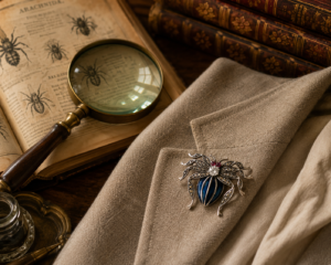 Sterling silver spider brooch with enamel, marcasite and crystals.