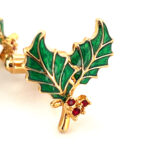 Christmas Holly Cufflinks Gold Plated Metal Alloy Set With Enamel And Sparkling Czech Crystals 36 JCU3 gallery image