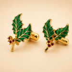 Christmas Holly Cufflinks Gold Plated Metal Alloy Set With Enamel And Sparkling Czech Crystals 16 JCU3 hero image