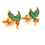 Christmas Holly Cufflinks Gold Plated Metal Alloy Set With Enamel And Sparkling Czech Crystals 38 JCU3 gallery image