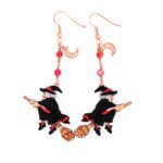 Gold Plated Witch on Broom Enamel Crystal Earrings