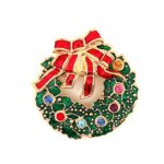 Gold Plated Christmas Wreath Brooch with Czech Crystals