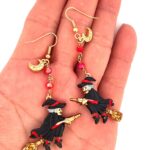 Gold Plated Witch on Broom Enamel Crystal Earrings