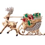 Gold Plated Reindeer and Sleigh Christmas Pin Brooch
