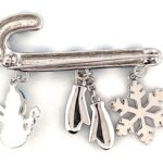 Rhodium Plated Candy Cane Charm Brooch with Czech Crystals