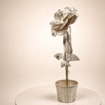 Handmade Sterling Silver Rose Sculpture in Woven Basket