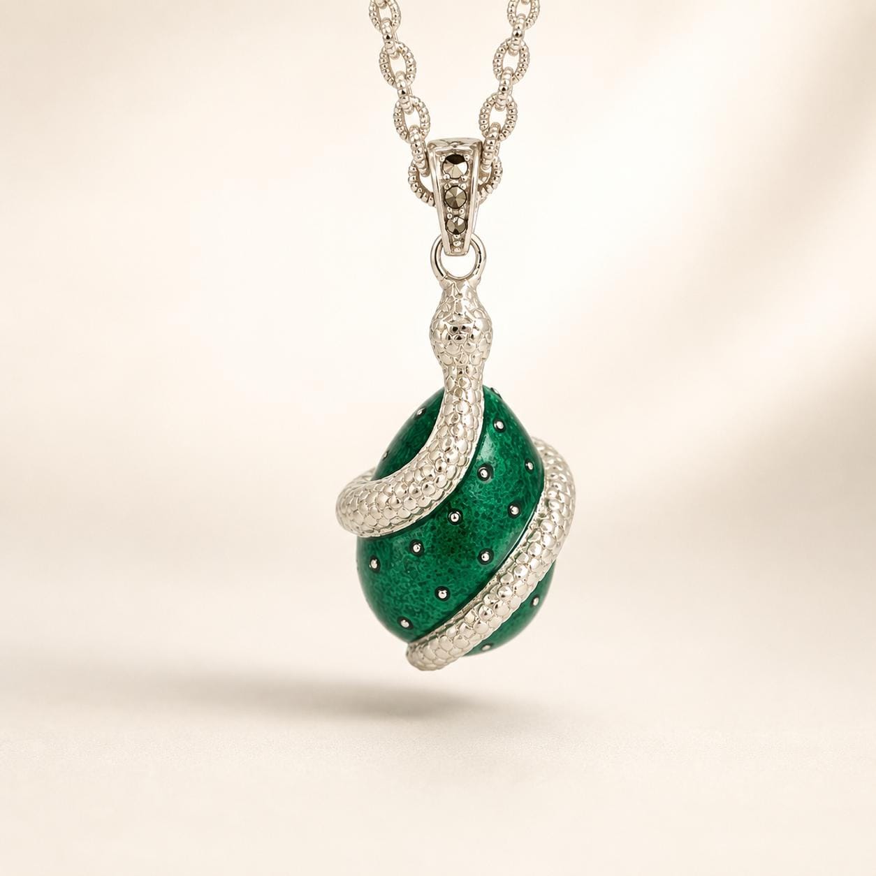 il-fullxfull.8173856574-xonx-il-fullxfull.8173856574-xonx.jpg Sterling Silver Snake Wrapped Green Enamel Egg Pendant