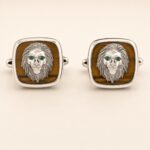 Sterling Silver Lion Head Tiger’s Eye Emerald Cufflinks