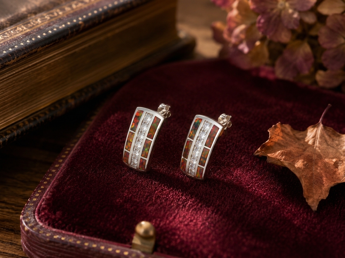 Sterling Silver Brown Opal Resin Half Hoop Earrings