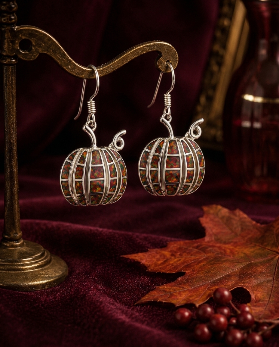 Sterling Silver Brown Opal Resin Pumpkin Drop Earrings