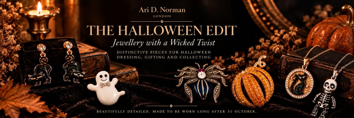 Ari D. Norman London Halloween jewellery collection featuring black cats, spider, pumpkin, ghost and skeleton designs