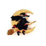 Witch On Broom Pin Brooch With Enamel And Sparkling Czech Crystals | Gold Plated 40 JB157 gallery image