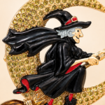 Witch On Broom Pin Brooch With Enamel And Sparkling Czech Crystals | Gold Plated 22 JB157 gallery image