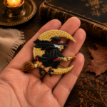 Witch On Broom Pin Brooch With Enamel And Sparkling Czech Crystals | Gold Plated 26 JB157 gallery image