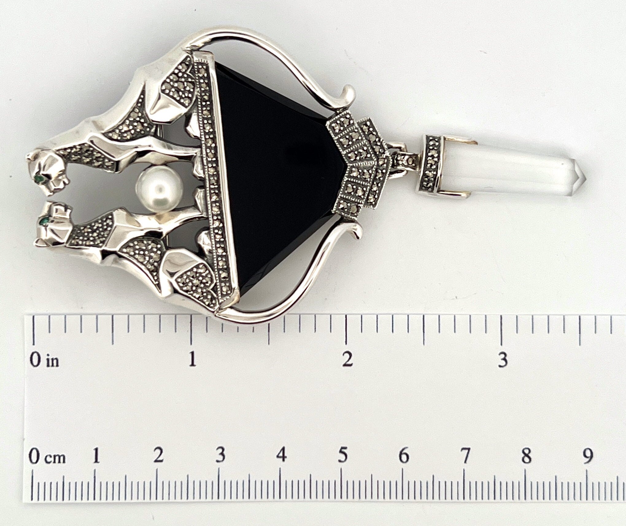 Art Deco Style 925 Sterling Silver Panther Brooch with Onyx