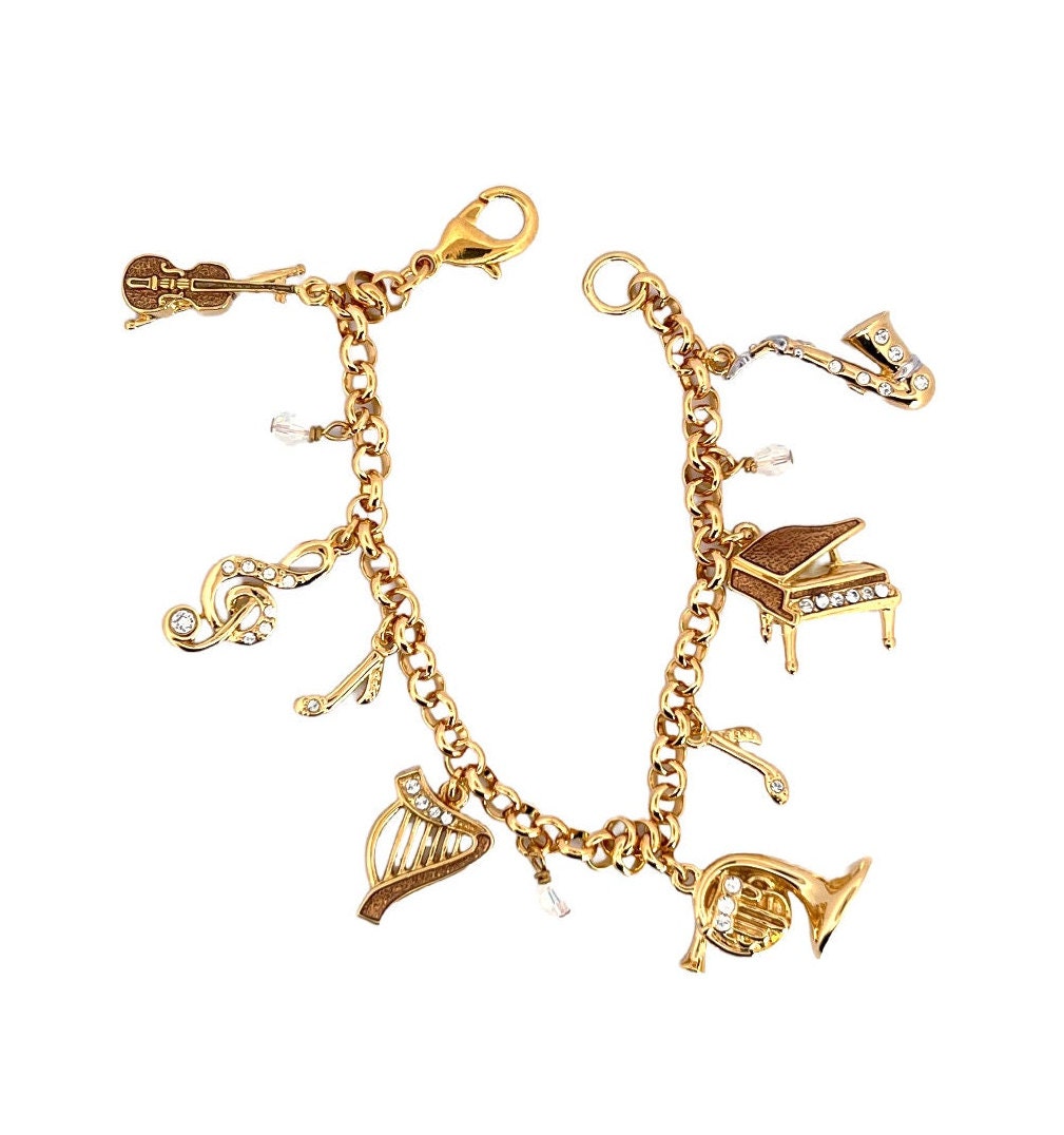 Gold-Plated Musical Charm Bracelet with Czech Crystals