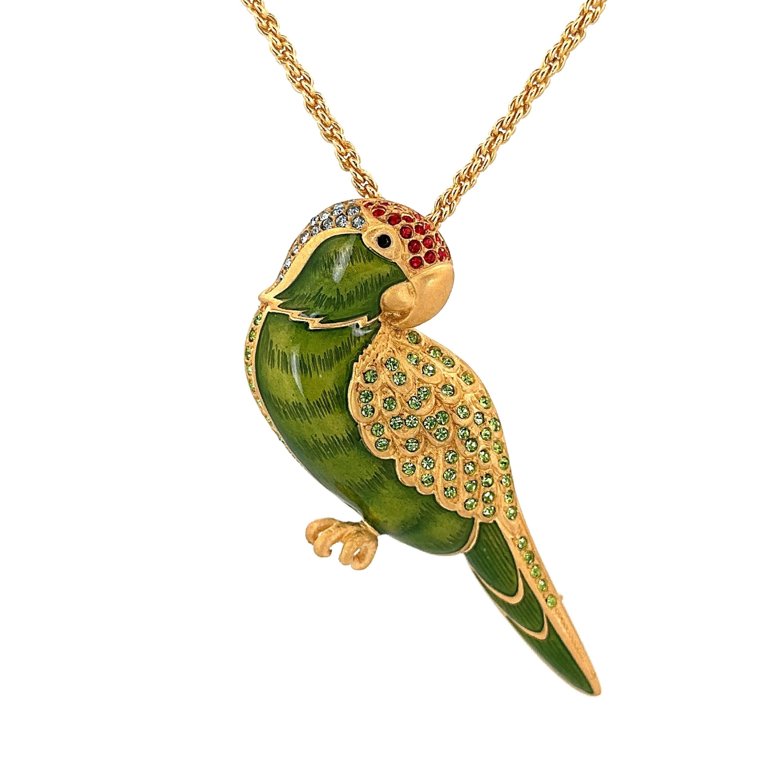 Green Cheeked Parakeet Brooch Pendant with Czech Crystals