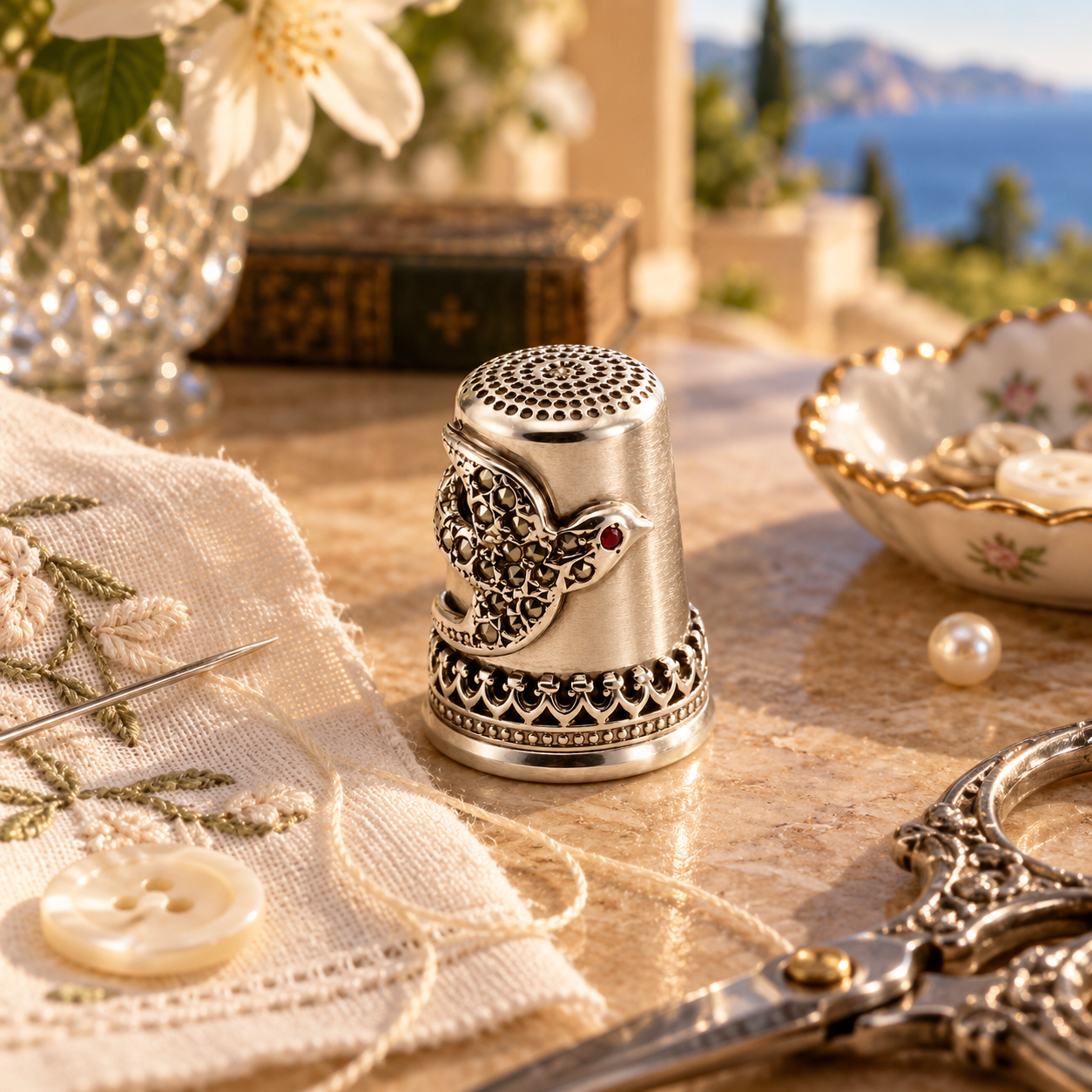 Sterling silver thimble with swallow motif, marcasite, and garnet, surrounded by sewing items on a table.